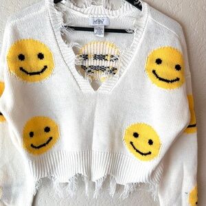 LIKE NEW! Just Polly Happy Face Cropped Sweater Distressed NY Smiling Size M
